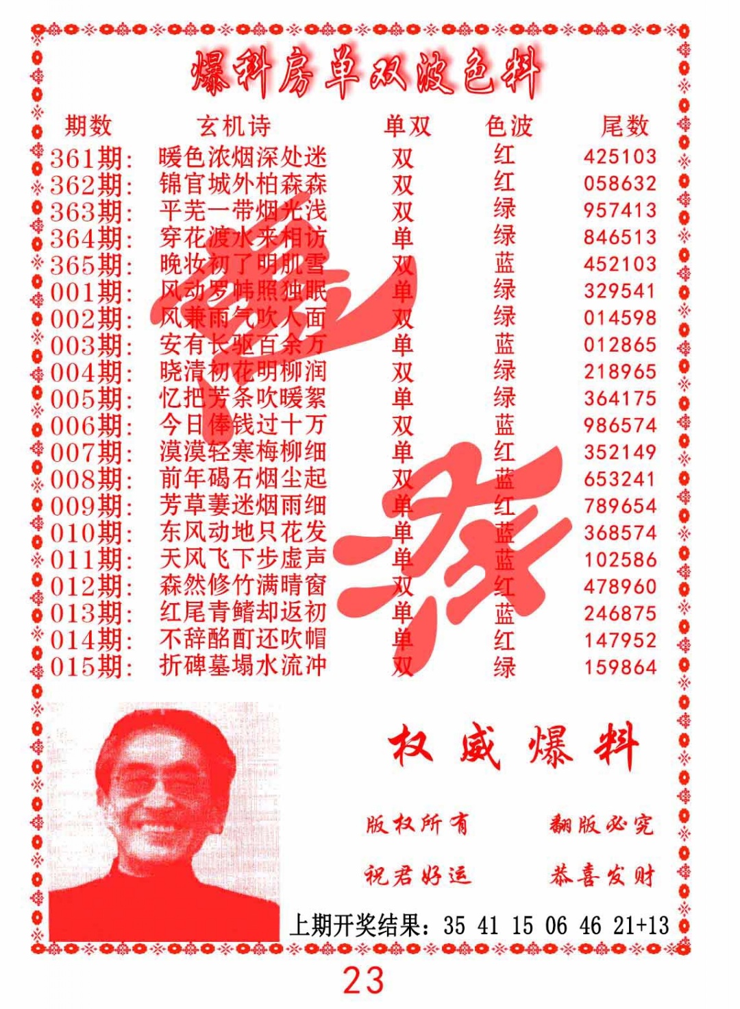 007期爆料房单双波色料[图]