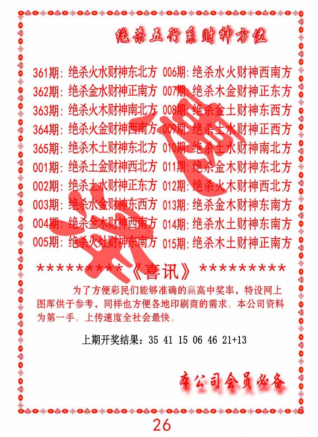 007期绝杀五行及财神方位[图]